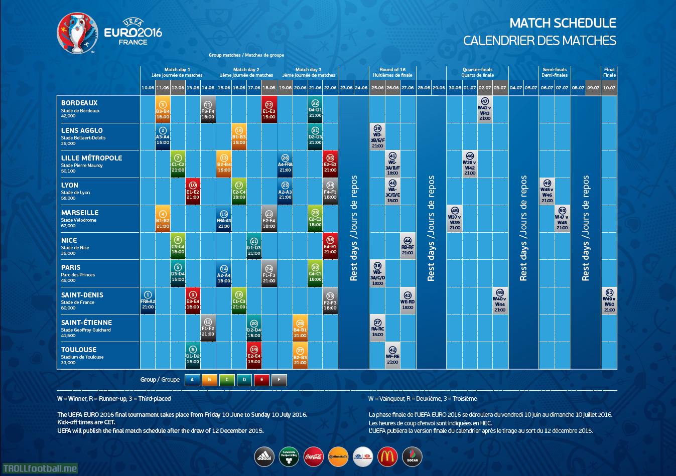 Euro 2016 match schedule | Troll Football