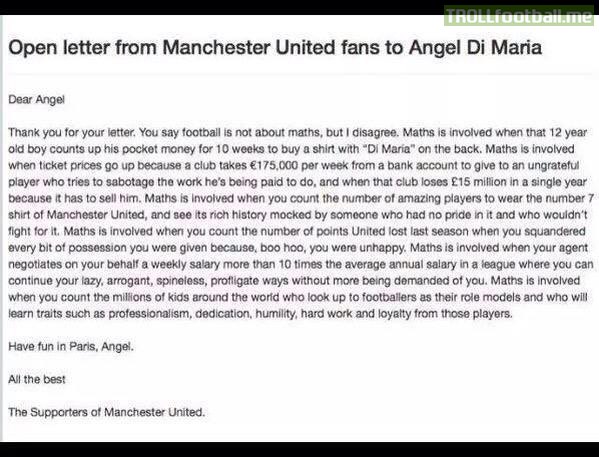 A letter to Di Maria from United Fans! A class act! Math is involved in football Angel