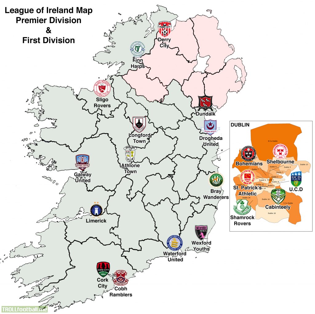 A map of all 20 League of Ireland teams (Premier & First Division