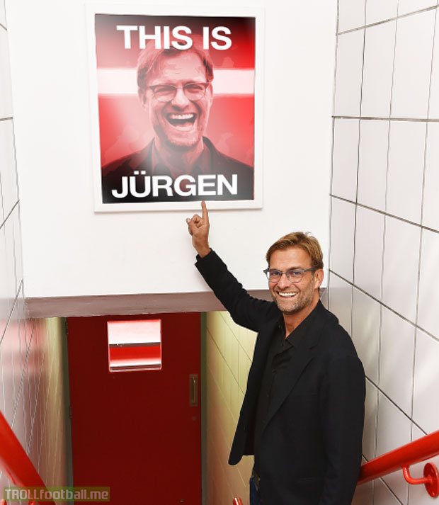 Jurgen Klopp has changed the famous "This is Anfield" photo which many stars used to touch before going for the game with "This is Jurgen" without official permission.