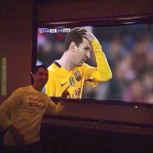 Ronaldo laughing at Messi when they were losing to athletico in the CL (might be fake)