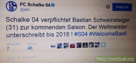Schweinsteiger to Schalke 04. Deleted Tweet