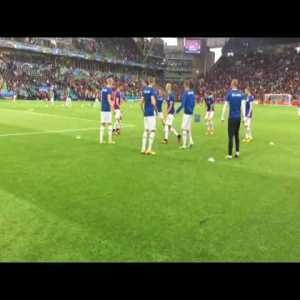 Icelandic fans sing Ferðalok at Iceland Portugal game