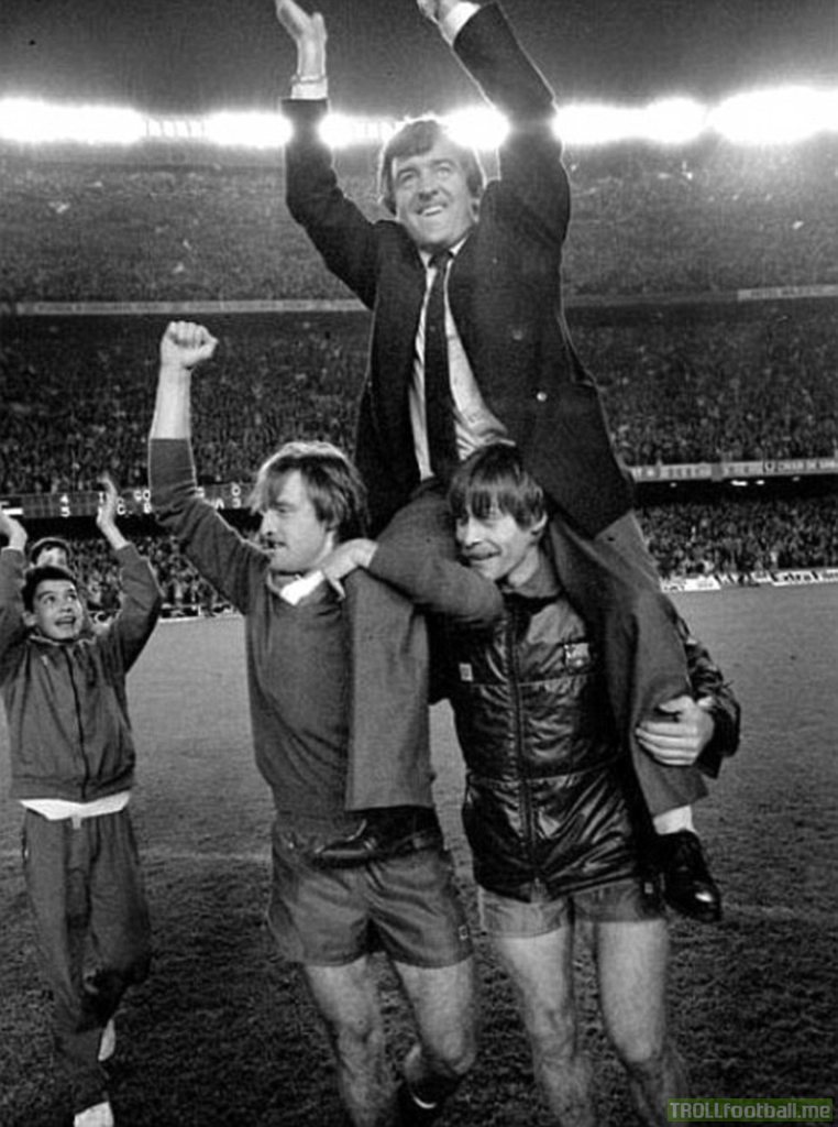 14 year old Pep Guardiola celebrates Barcelona's 1985 League triumph under manager Terry Venables, which ended a 11 year title drought for the Catalans.