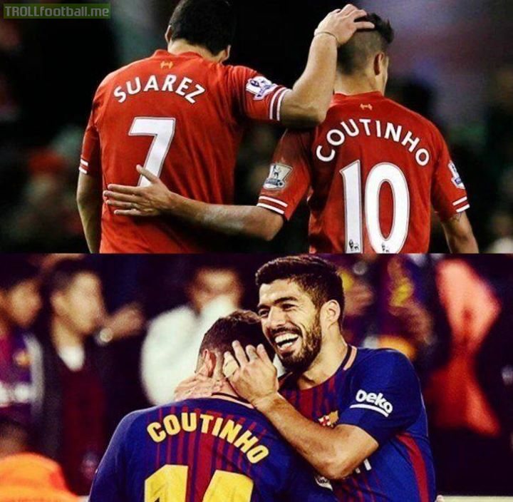 February 2013, Luis Suarez assists Coutinho's first Liverpool goal. February 2018, Luis Suarez assists Coutinho's first Barcelona goal.