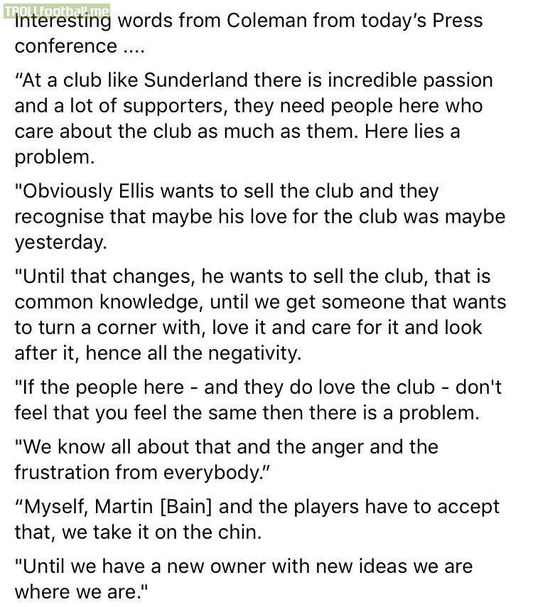 Sunderland manager Chris Coleman heavily criticise owner Ellis Short in press conference saying "until we have a new owner with new ideas we are where we are"