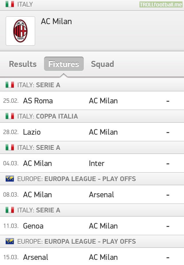 Milan's fixtures for the next 3 weeks: Roma, Lazio, Inter, Arsenal, Genoa, Arsenal