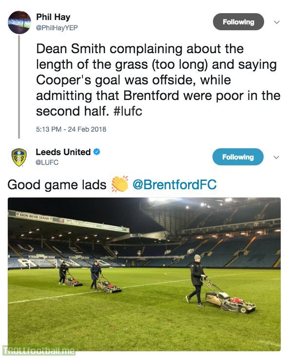 Brentford manager Dean Smith complains that the grass was too long vs Leeds. Leeds get the mowers out after the full time whistle.