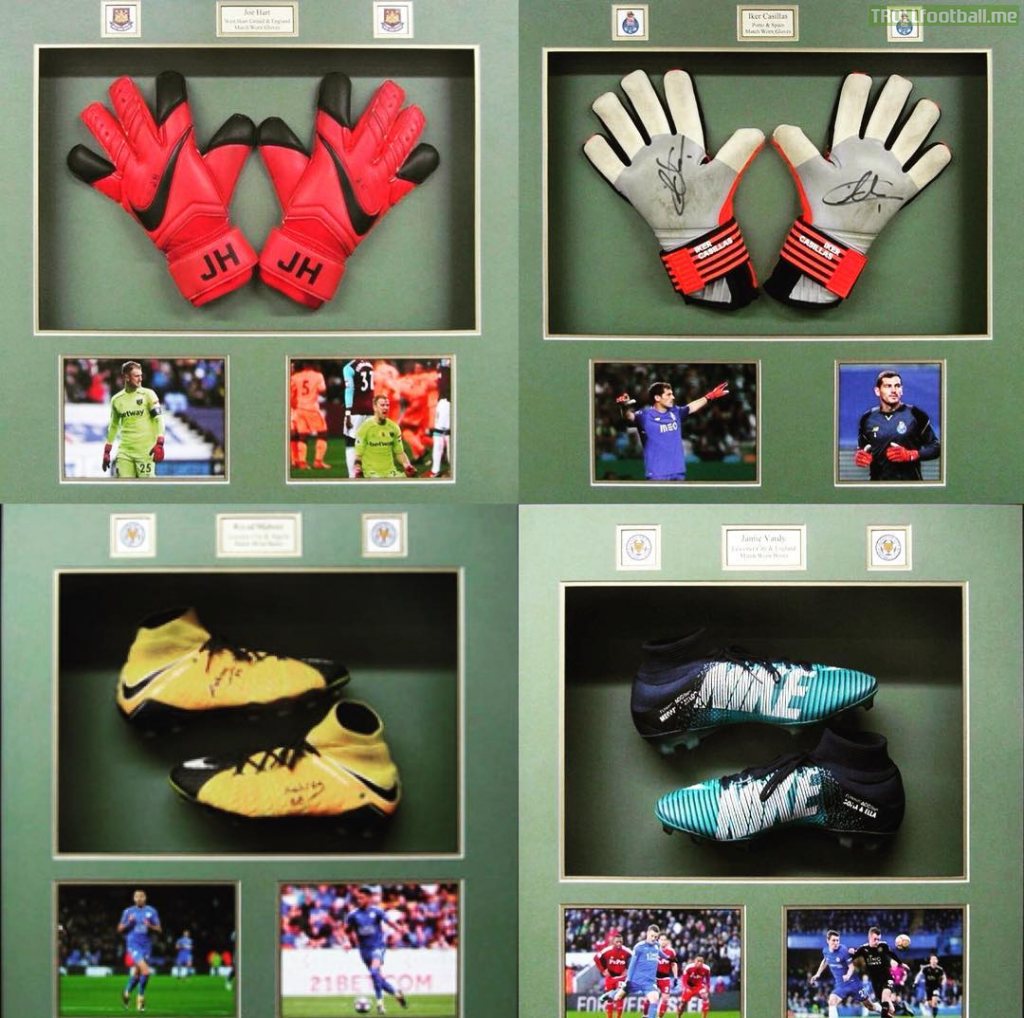 Mahrez, Vardy, Hart and Casillas donate their gloves/boots to Schmeichel's charity to auction off.