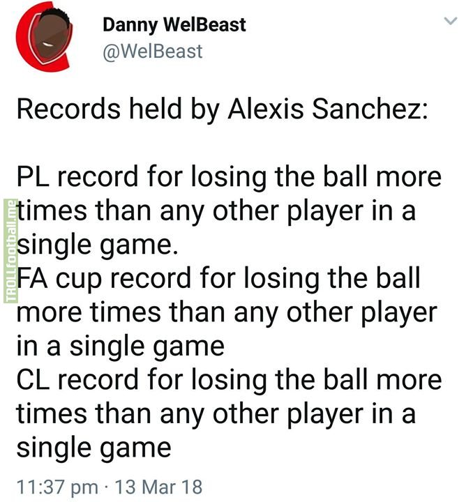 Alexis Sanchez has already broken 3 records at Man United already. He's a beast 🔥😂