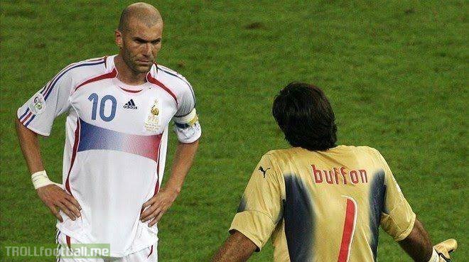 12 years ago Zidane was sent off in his final World Cup game against Buffon’s Italy.   Today Buffon is sent off in his final Champions League game against Zidane’s Real Madrid.