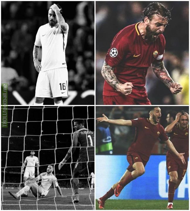 Daniele De Rossi and Kostas Manolas after scoring own goals against Barcelona last week vs scoring in the right net last night to knock them out of the Champions League.