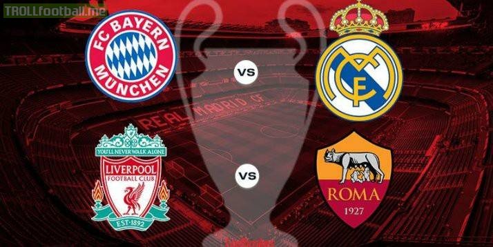 BREAKING!!   🇩🇪 Bayern Munich - 🇪🇸 Real Madrid 🏴󠁧󠁢󠁥󠁮󠁧󠁿 Liverpool - 🇮🇹 AS Roma  Thoughts?  ucldraw