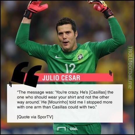 Julio Cesar claims Jose Mourinho sent him a text following Brazil's 2013 Confederations Cup final victory over Spain, in which he slammed Iker Casillas