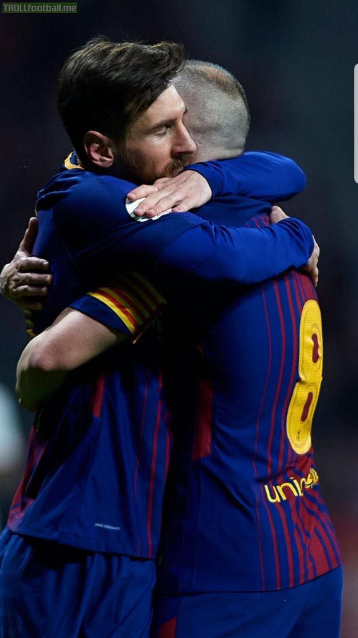 Awesome picture of Messi hugging Iniesta goodbye