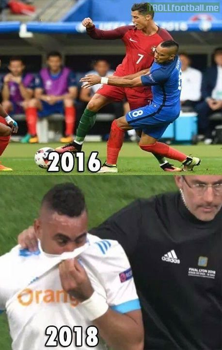 Not calling it karma but...   2016 Euros final: Payet injures Ronaldo who comes off early, crying.  2018 Europa League final: Payet comes off early, injured, crying.