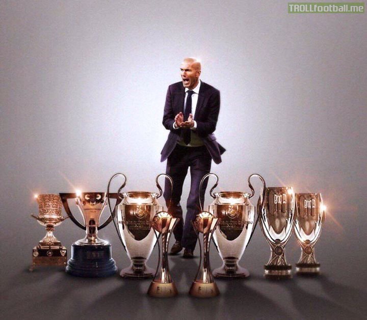 Zinedine Zidane as a Manager:  3 Seasons 149 Games 104 Wins 70% Win%  8 Finals 8 Wins  🏆🏆🏆 Champions League 🏆🏆 FIFA Club World Cup 🏆🏆 UEFA Super Cup 🏆 La Liga 🏆 Supercopa De España  First manager in HISTORY to win 3 consecutive UCL. ✅