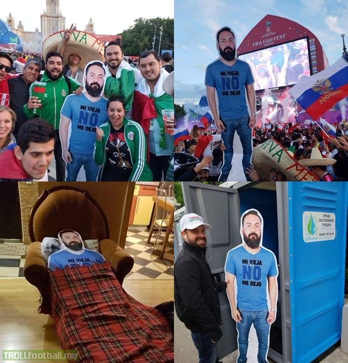 A group of Mexican fans came to Russia with a cardboard photo of their friend whose wife didn’t let him go. 😂😂 🇲🇽 WorldCup