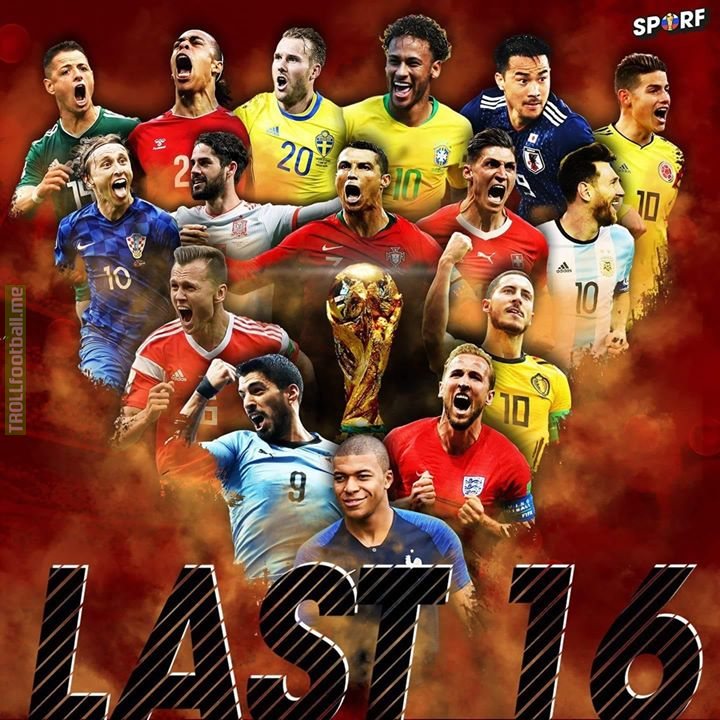 ✅ WorldCup Last 16:  🇷🇺 Russia 🇺🇾 Uruguay 🇪🇸 Spain 🇵🇹 Portugal 🇫🇷 France 🇩🇰 Denmark 🇭🇷 Croatia 🇦🇷 Argentina 🇸🇪 Sweden 🇲🇽 Mexico 🇧🇷 Brazil 🇨🇭 Switzerland 🇨🇴 Colombia 🇯🇵 Japan 🇧🇪 Belgium 🏴󠁧󠁢󠁥󠁮󠁧󠁿 England