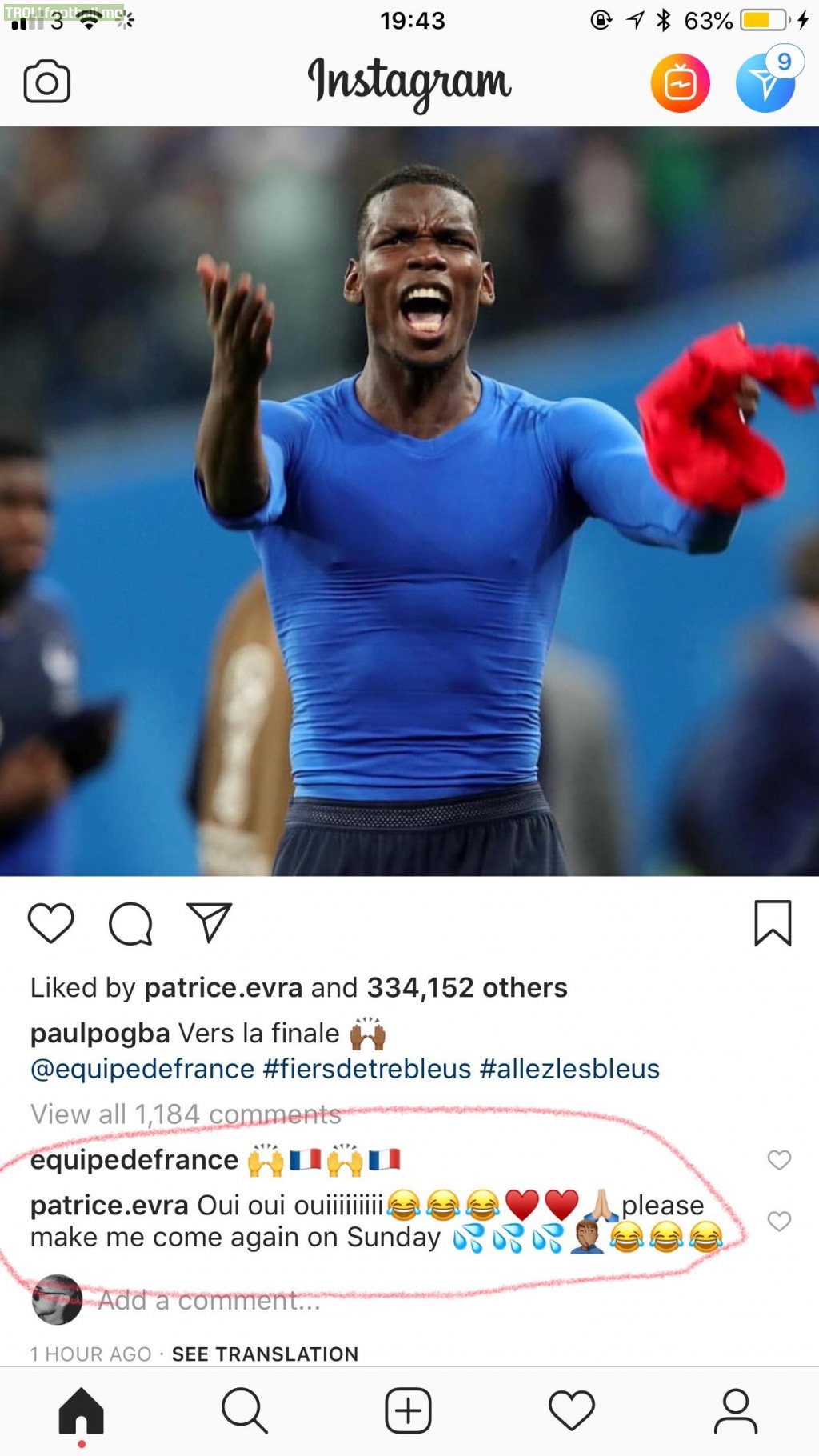 Patrice Evra with the nutty comment on Pogbas post