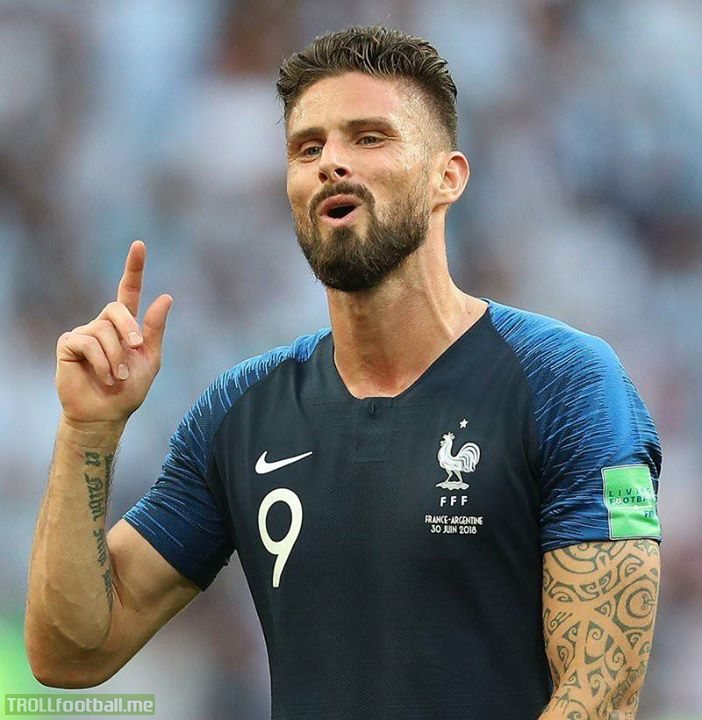 Olivier Giroud at World Cup 2018.  Games played and started: 7  Position: Striker  Shots on goal: 0  Goals: 0  World Cup winner