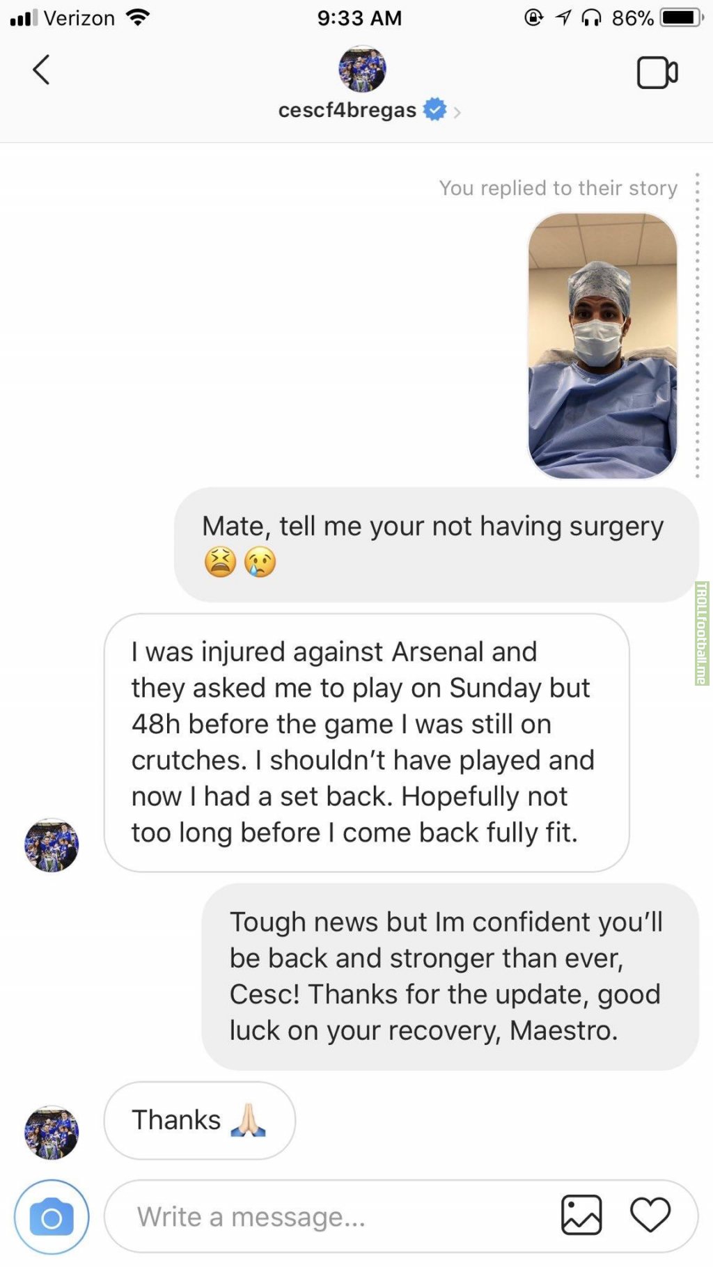 Cesc Fabregas confirms he was injured for the community shield game and is now out for the game against Huddersfield.