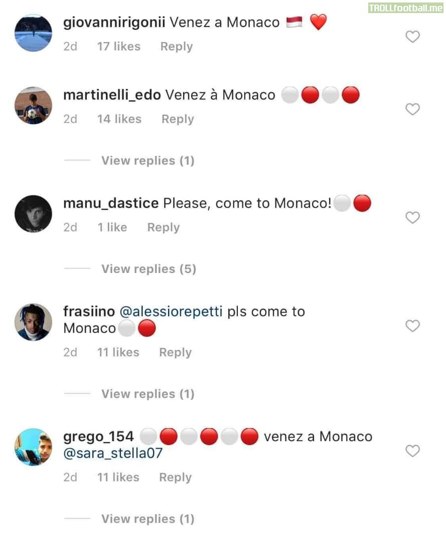 Inter fans copying the "Come To Besiktas" tactic by pretending to be Monaco fans and invading Candreva's instagram comments to convince him to join Monaco