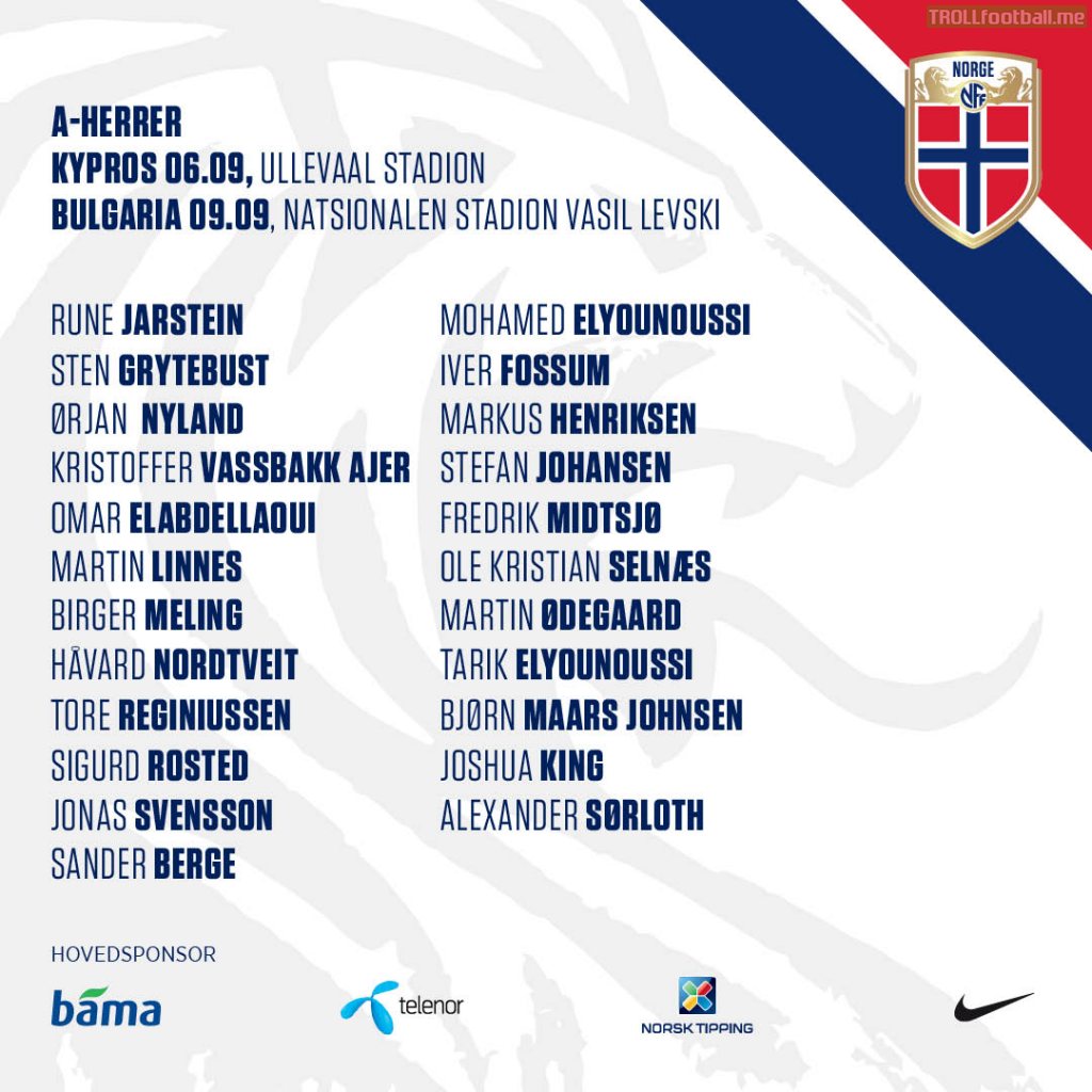 Norway squad for Cyprus and Bulgaria (Nations League)