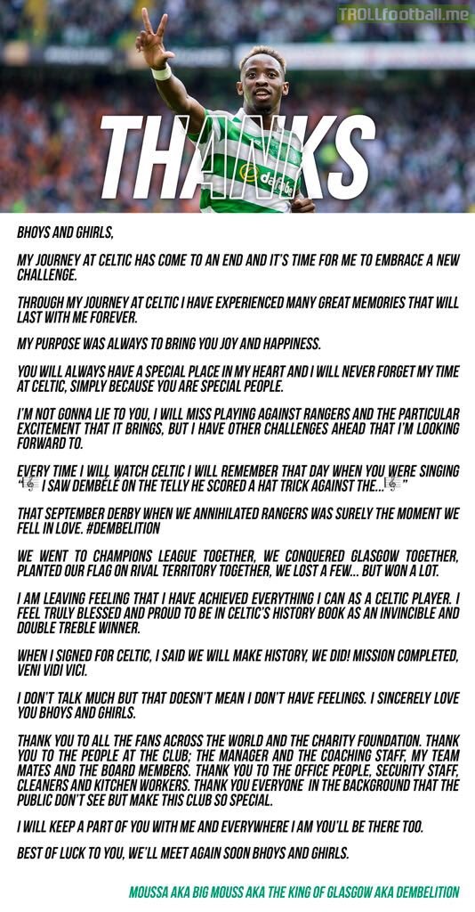 Moussa Dembele's slightly odd goodbye letter to Celtic fans