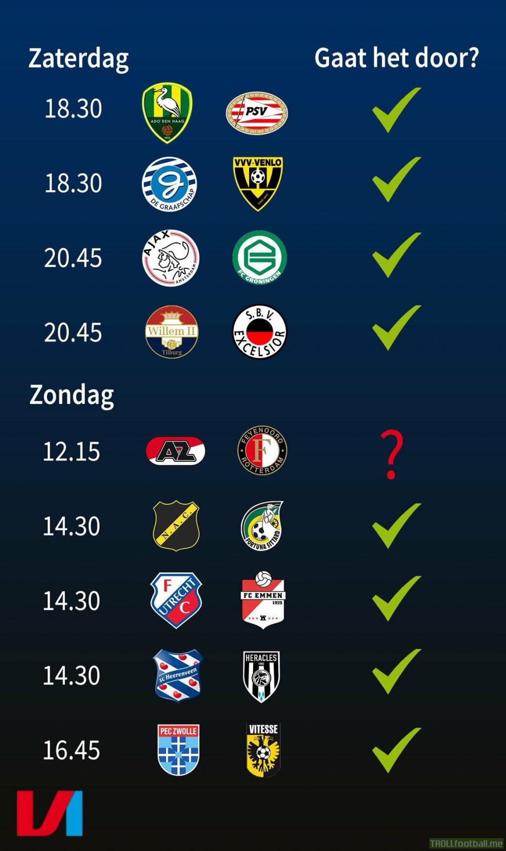 All but one game are confirmed to go on as planned in the Eredivisie, despite the police strike in the Netherlands. AZ - Feyenoord has not been decided on either way.