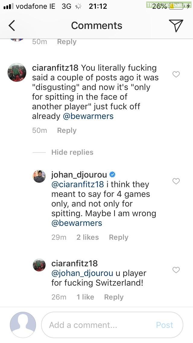 Swiss international Johan djourou replying to random people in bewarmers comments on instagram