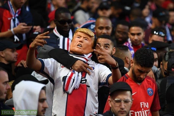 Donald Trump was in the crowd watching Liverpool vs PSG. He said his favorite part was when Anfield sang "You'll Never Wall Alone".