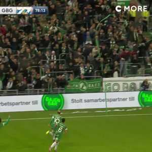 Hammarby IF player Kennedy Bakircioglu celebrating freekick goal by chugging a beer thrown onto the pitch