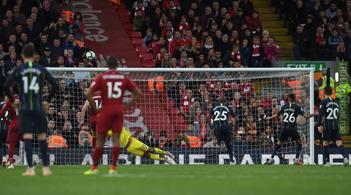 Liverpool 0-0 Man City  A dramatic finish at Anfield as a Mahrez penalty miss means the points are shared