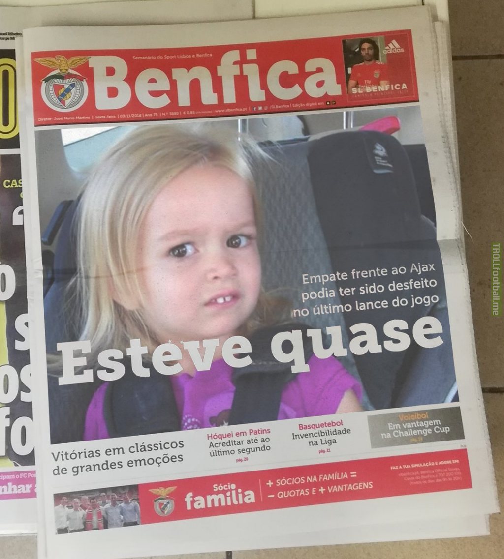 Benfica's journal headline: "Draw against Ajax could have been undone in the last play of the game. ALMOST THERE"