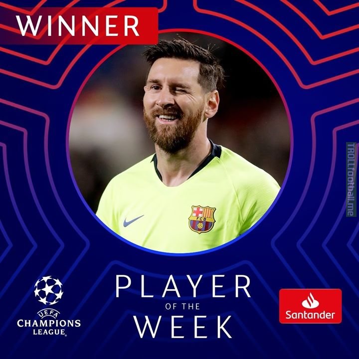 🎖️🎖️🎖️Third time this season. Just played three games too. Congratulations Lionel Messi . for winning UCL POTW!!