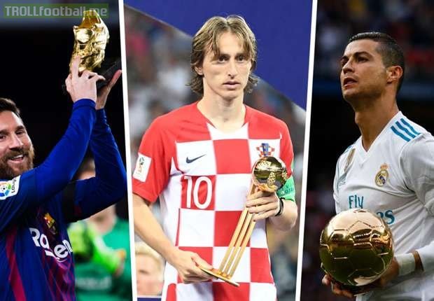 I don’t know why you all are hating. 😂  🔶Individual Awards in 2018:  🔴Luka Modric:   - FIFA World Cup Golden Ball - UEFA Best Player Of The Year - FIFA Best Player Of The Year - Ballon d'Or   🔴Lionel Messi:   - European Golden Boot  - Pichichi - Di Stefano Award - Onze D'Or  🔴Mohamed Salah:   - FIFA Puskas Award  🔴Cristiano Ronaldo:  - Hattrick vs Spain - Nominated for  Ballon D'Or