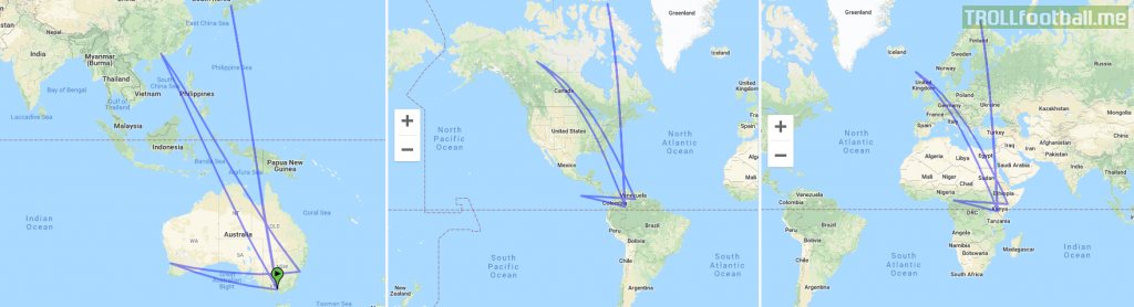 [OC] Since we are all doing maps. Here is what Melbourne Victory's travel route will be in the 30 days between 13 Mar - 11 Apr later this year (A-League and mid-week AFC Champions League)