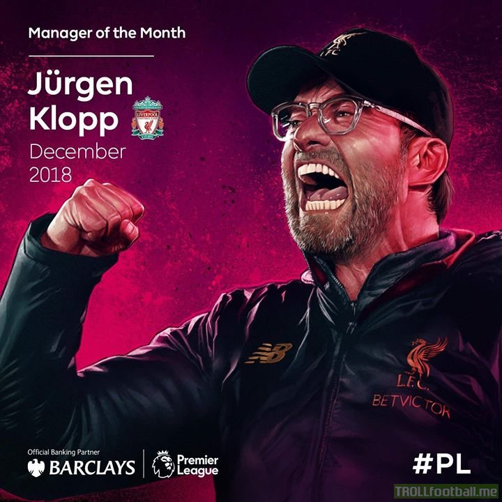 A magnificent 7️⃣ wins out of 7️⃣ means Liverpool FC's boss Jurgen Klopp is the Barclays Football Manager of the Month for December 👏