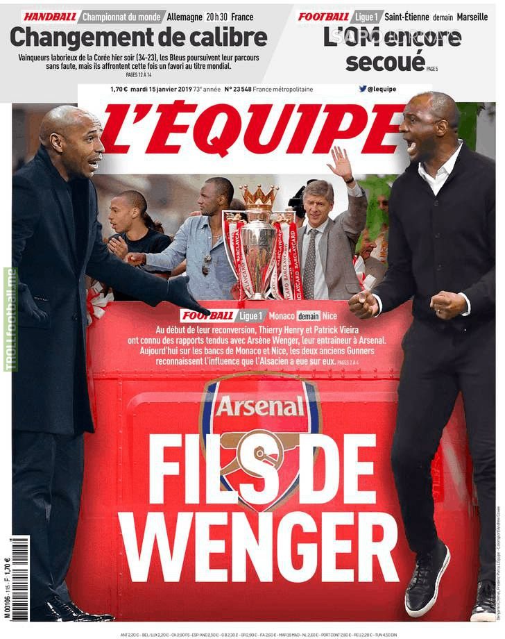 L'Equipe's front page for the match between Monaco and Nice: "The sons of Wenger"