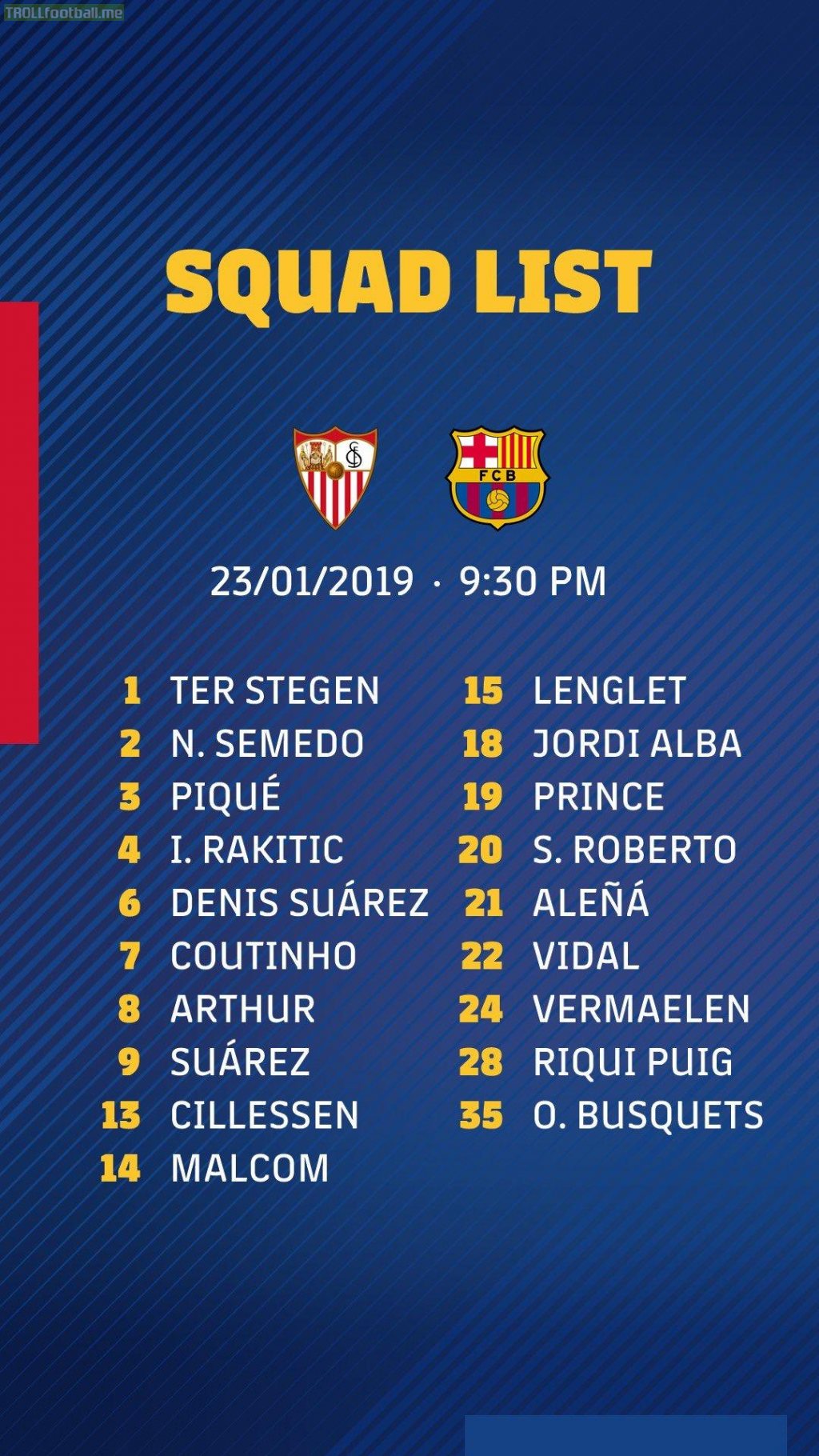 Messi, Dembele and Busquets out of the squad to face Sevilla in the Copa Del Rey Quarter final. Oriol Busquets and Riqui Puig in