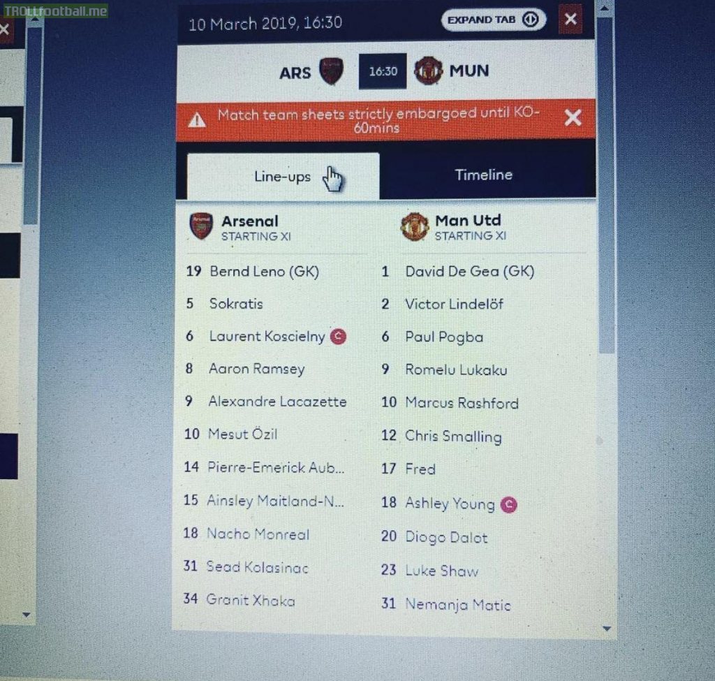Arsenal, Man United lineups via Gary Neville’s Instagram