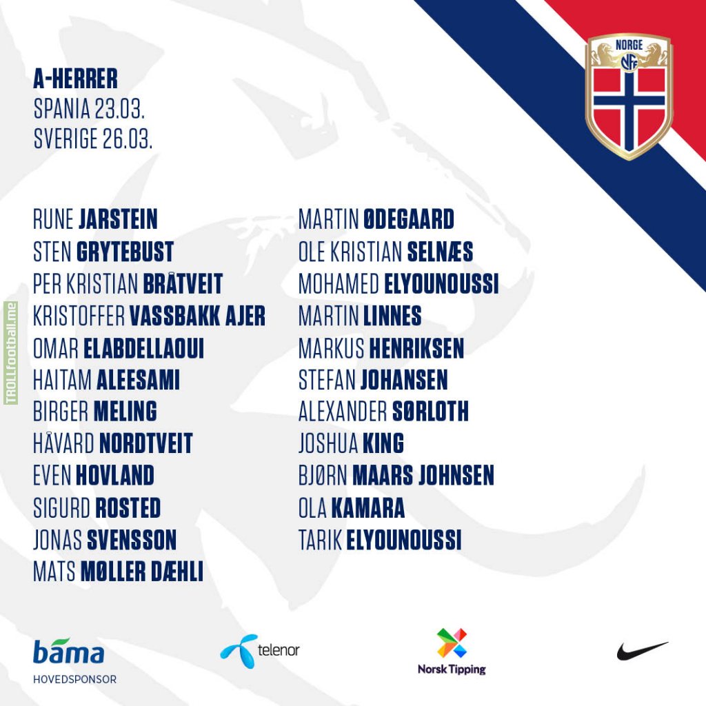 Norway squad for games against Sweden and Spain