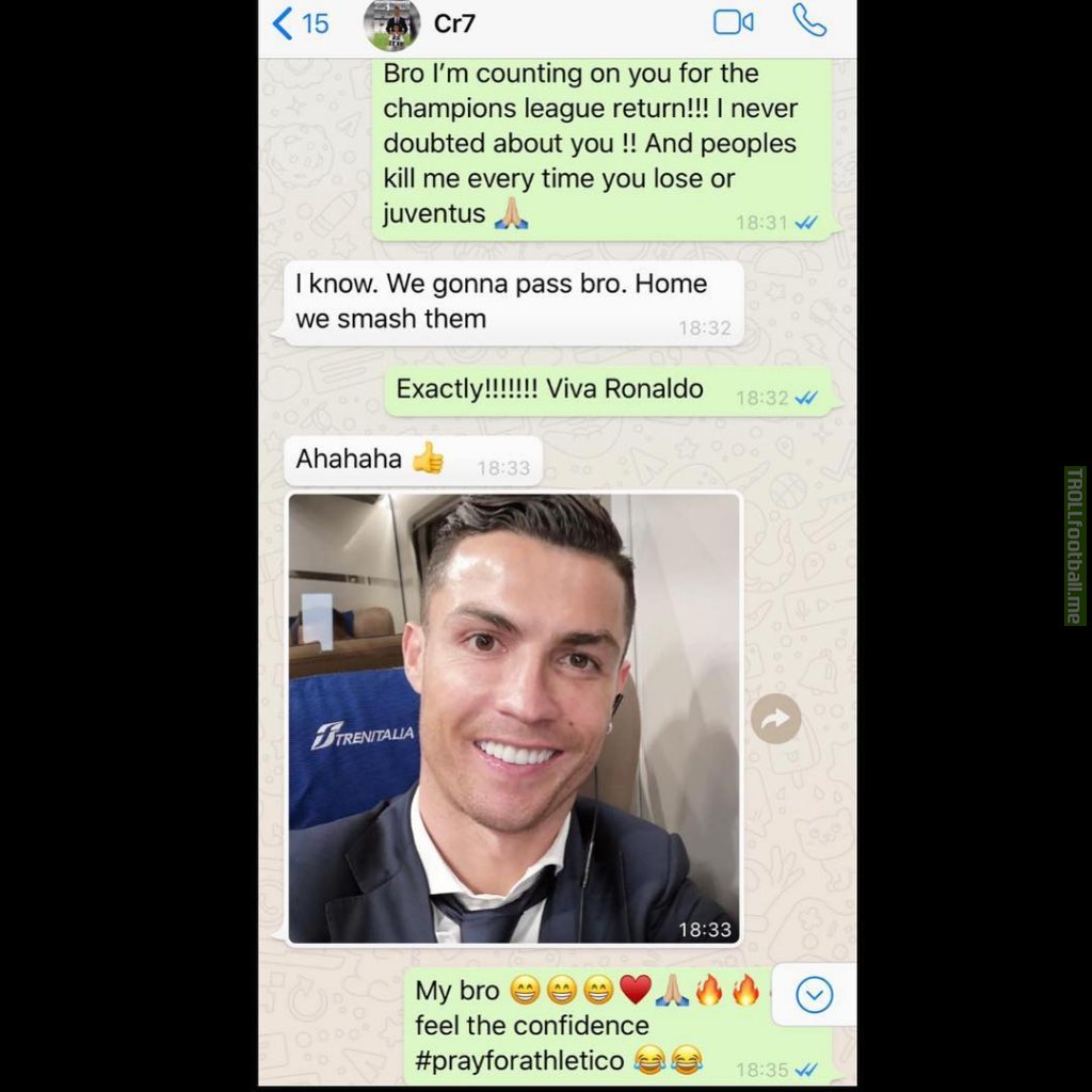 Whatsapp Conversation between Cristiano Ronaldo and Patrice Evra before the Juve vs ATM match. (Posted b Evra on Instagram)