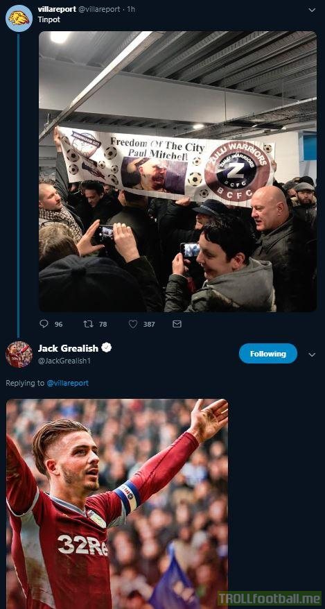 Jack Grealish responds to Birmingham City's Paul Mitchell banner (fan who punched him)