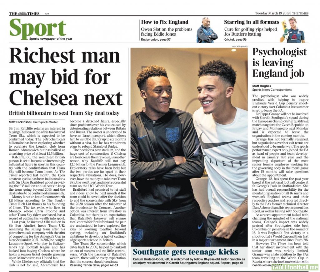 The Times: Sir Jim Ratcliffe has held exploratory talks in regards to purchasing Chelsea Football Club, but has balked at the £2.5 billion price tag.