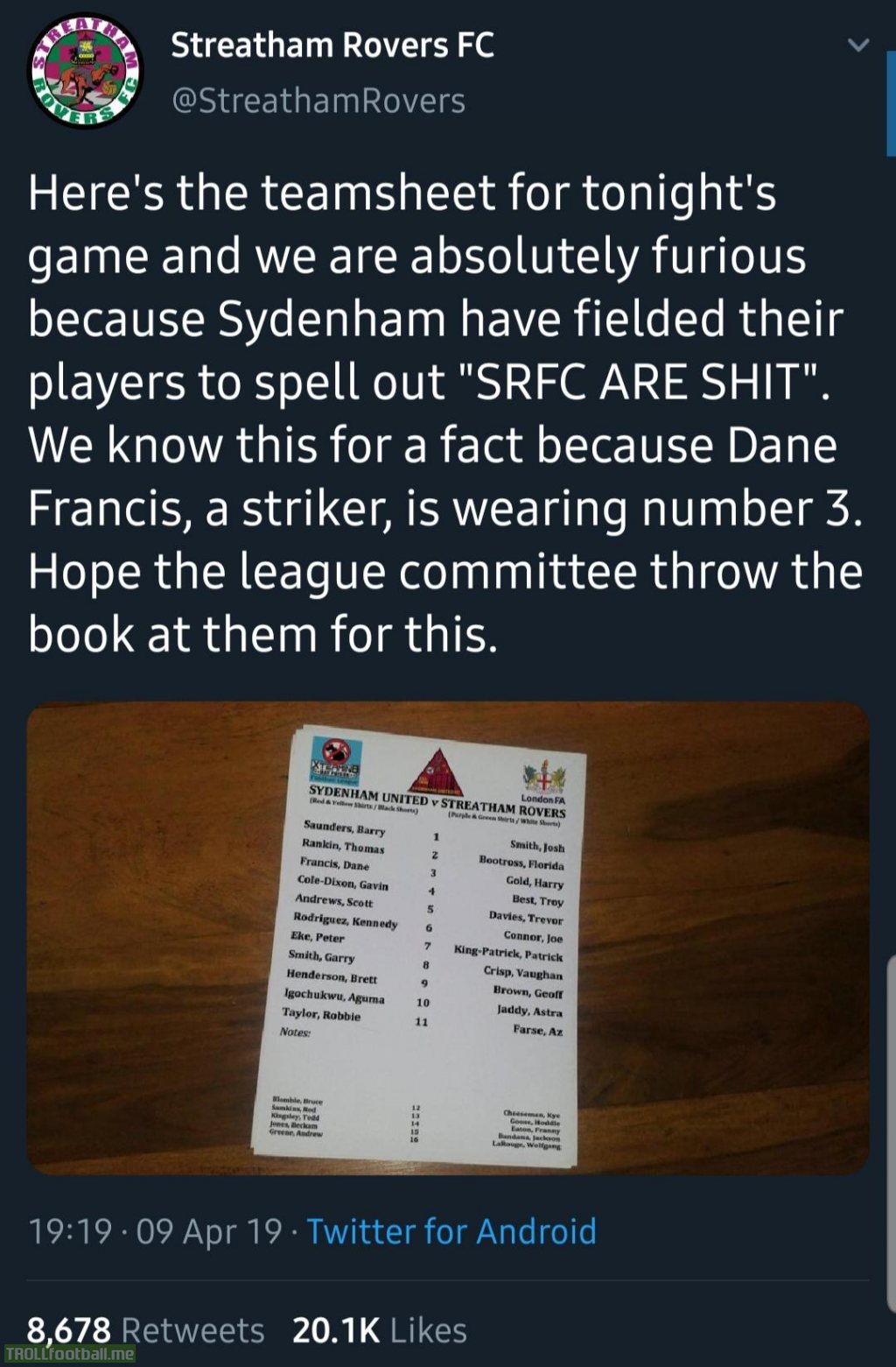 Sydenham United decided to insult their rivals by spelling out "SRFC are shit" on their team sheet