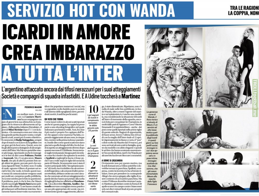 In the last days Mauro Icardi and Wanda Nara released ‘hot’ photographs, which leave Inter ‘embarrassed’, Tuttosport claims. Corriere dello Sport even suggested it could be an effort to put off interested clubs, because the pair wants to stay in Milan.