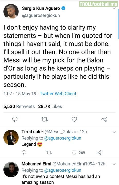 Sergio Kun Aguero stills out misinterpretations of his previous tweet, saying that there is no one other than Messi for Ballon D'Or this year. Link in cimments