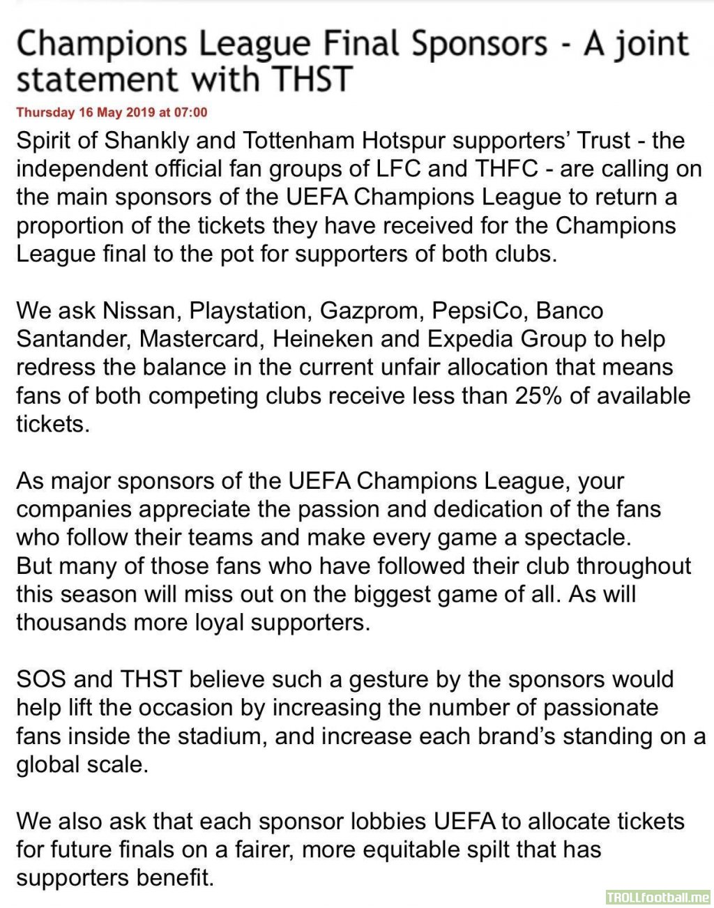A statement by Spirit of Shankly @THSTOfficial on the Champions League Final. #ForTheFans